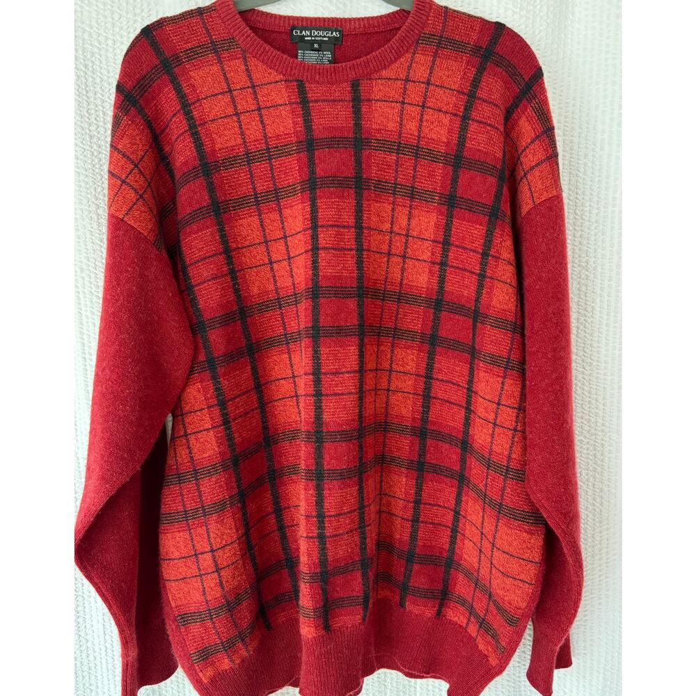Vintage Clan Douglas Cashmere Wool Plaid Crewneck Sweater XL Made in Scotland